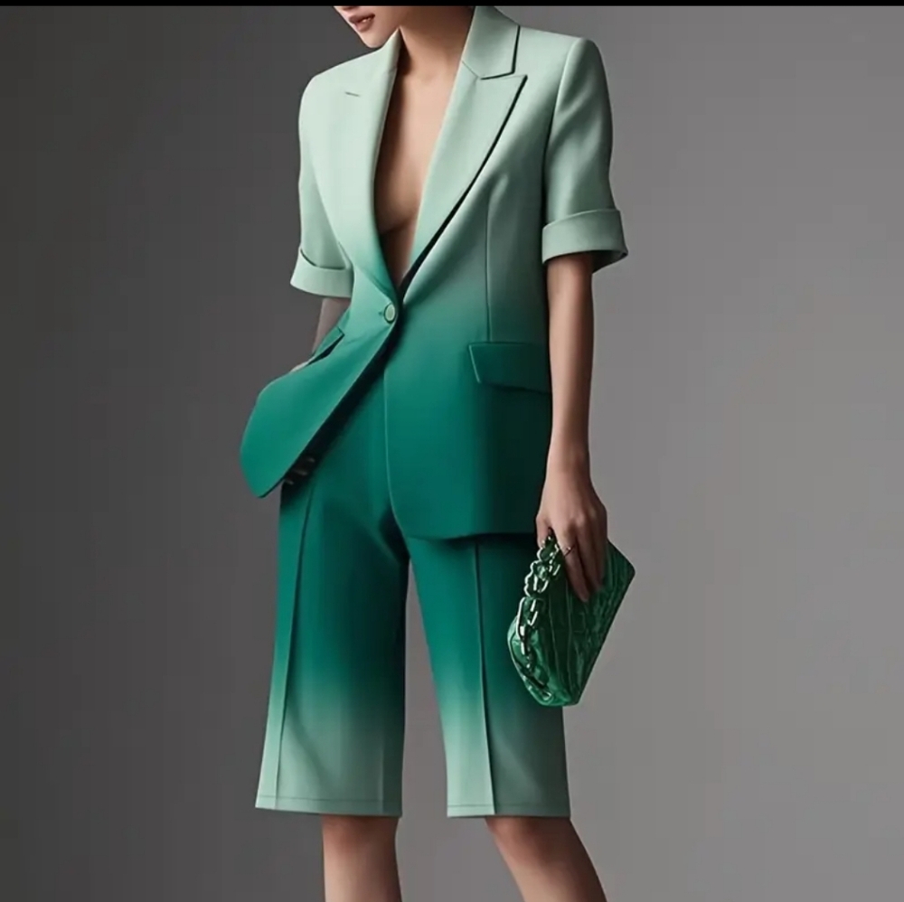 Elegant Gradient Color Block Blazer and Pants bet-Short Sleeve, Button-Up - Picture 3 of 4